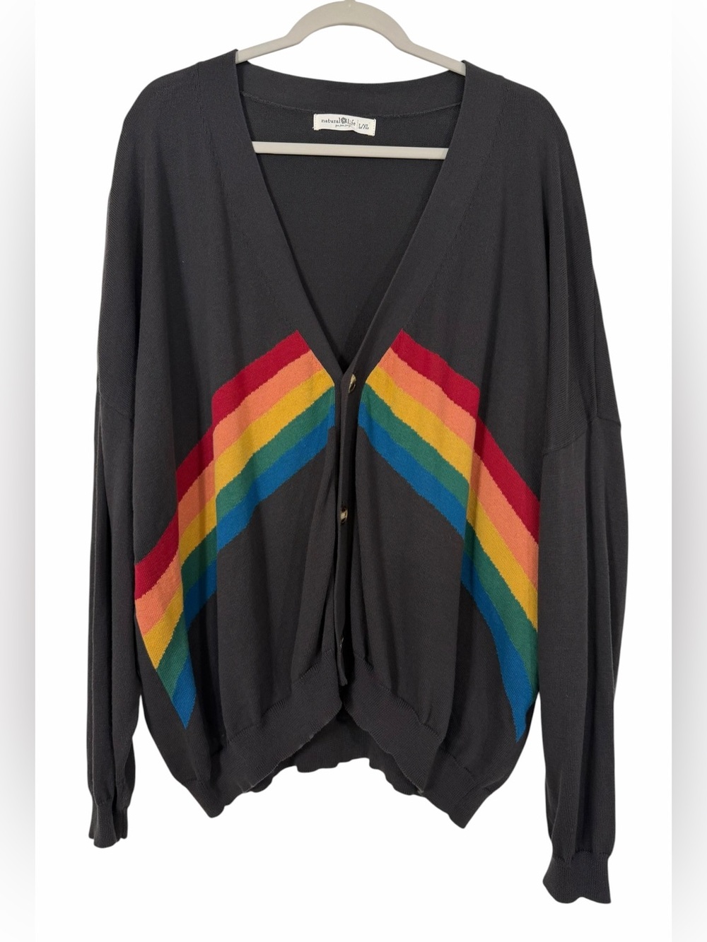 Natural Life Live Happy Cotton Cardigan Sweater Rainbow Grandpa L/XL